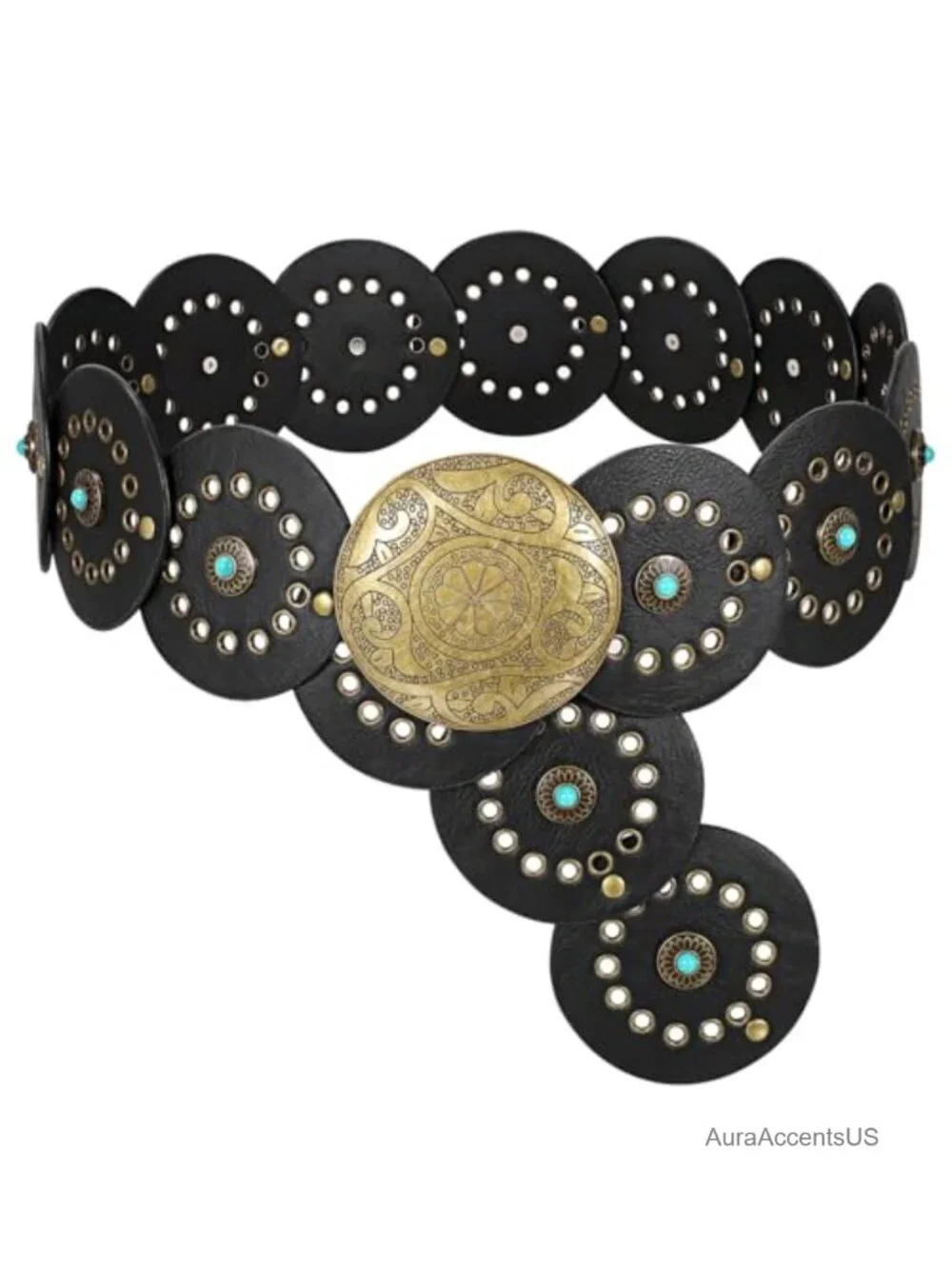 Western PU Leather Belt with Concho Disc Buckle for Women Boho Cowgirl Waist